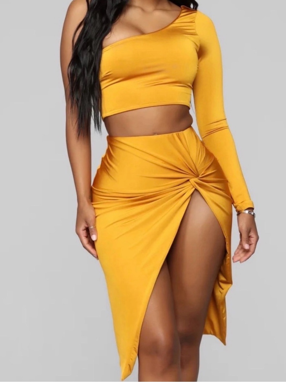 Yellow One-Shoulder Knot Front Midi Skirt - Women 2 Piece Set M